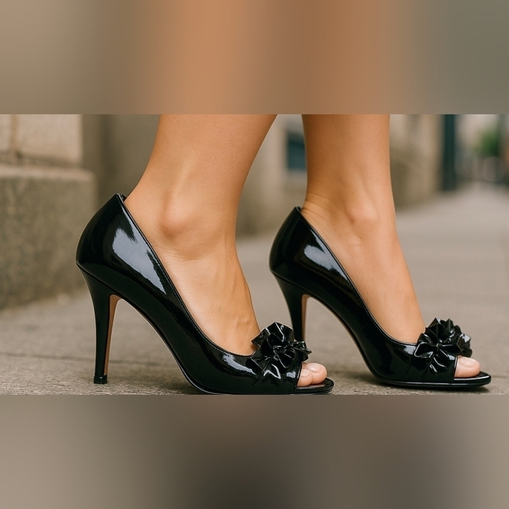 Enzo Angiolini Elegant Black Peep-Toe Heels With Ruffle And Bow Accent